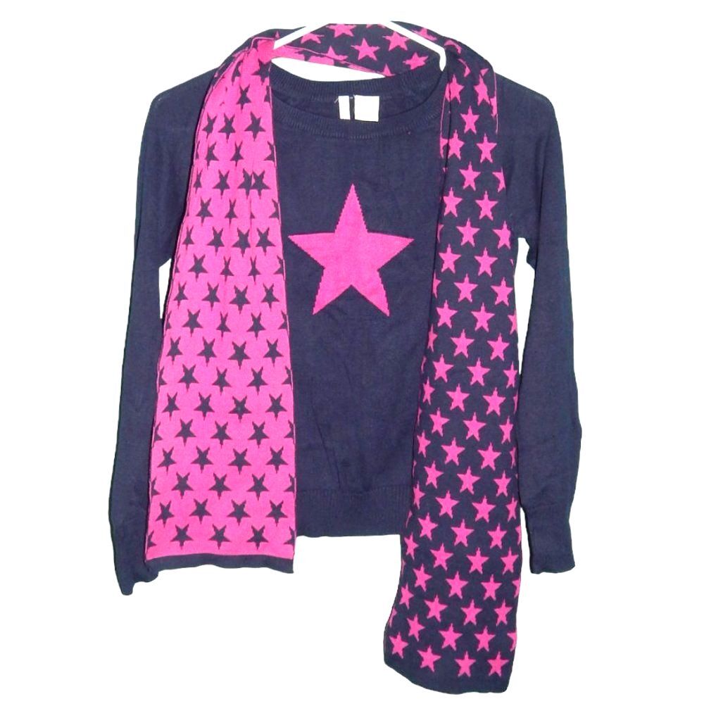 Heart N Crush Girls XL Navy Blue Sweater & Reversible Star Scarf Set Vintage